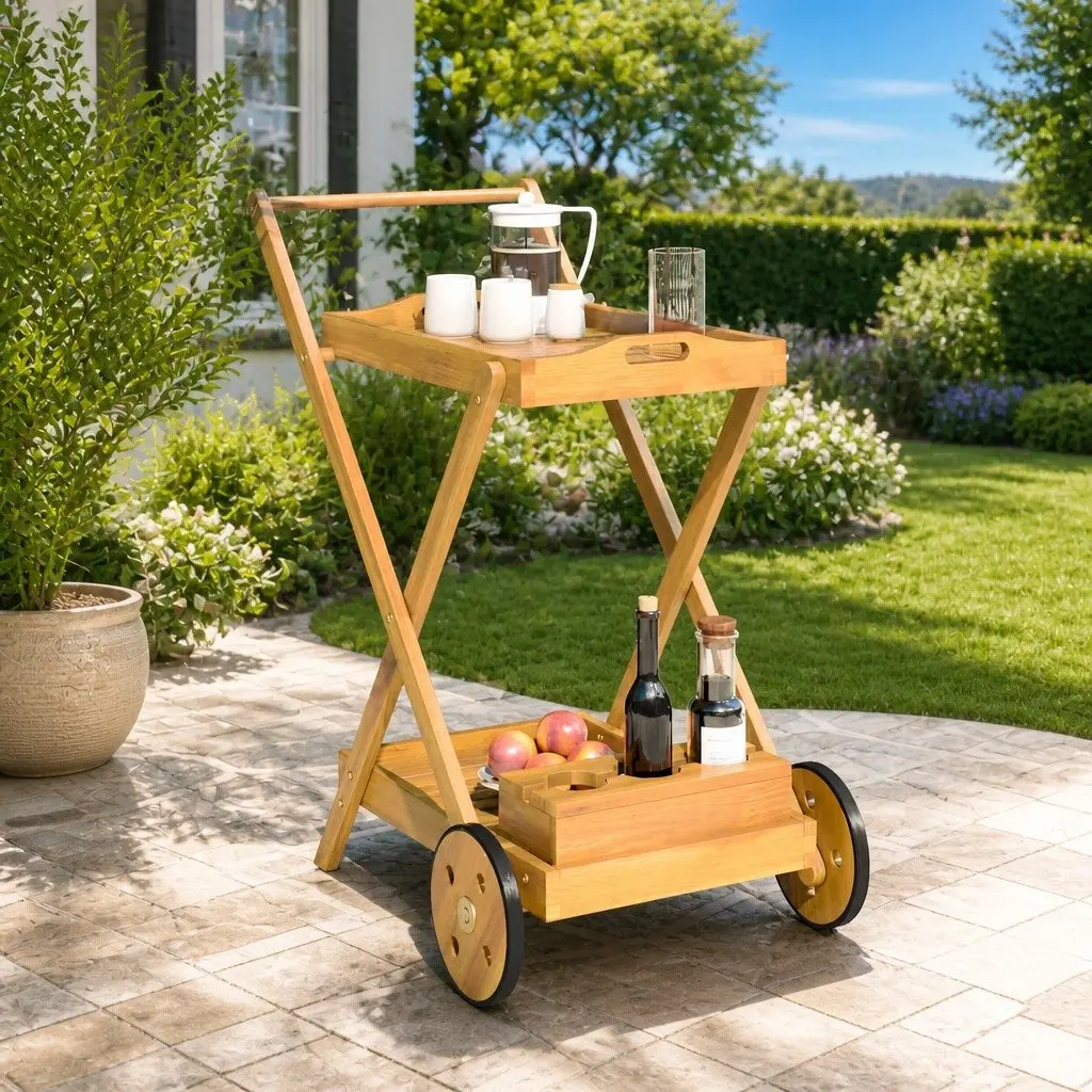 Solid Wood Acacia Tea Trolley with Wheels