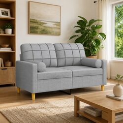Comfortable 2-Seater Sofa in Grey Fabric with Pillows