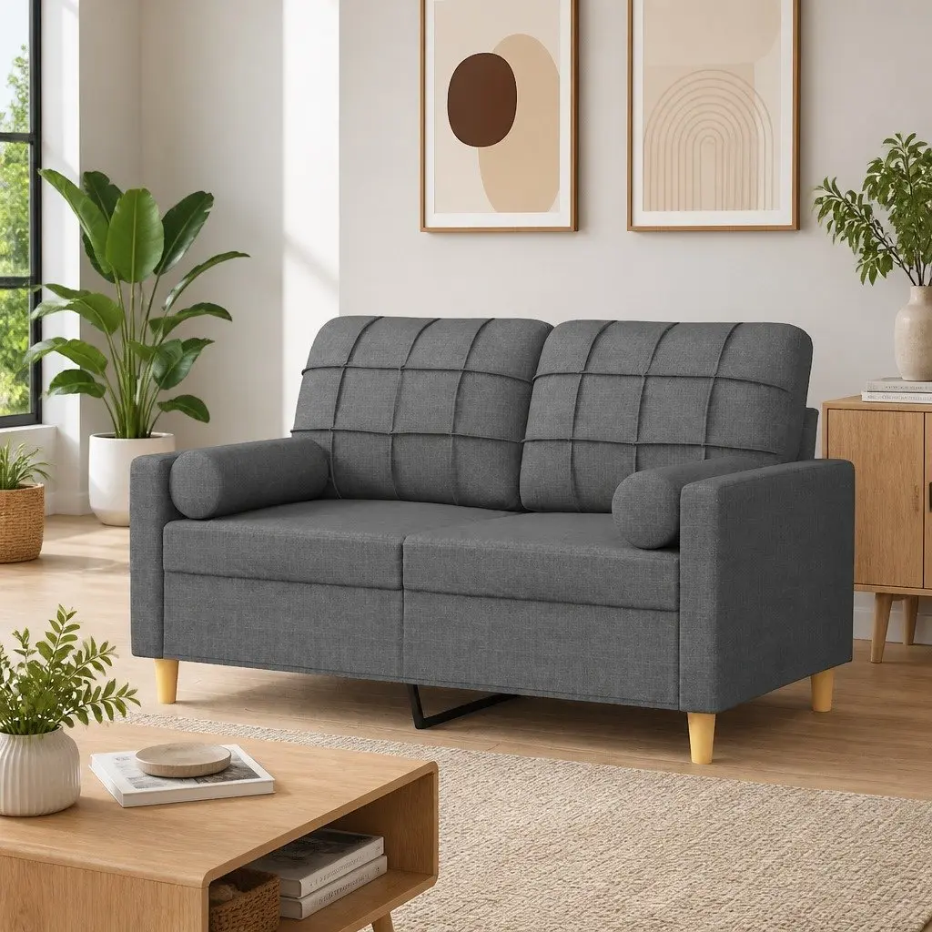 GreyFabricModern2SeaterSofaLoungeCouchwithThrowPillowsforLivingRoomFurniture