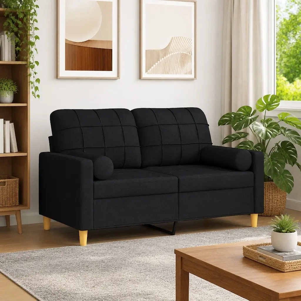Black 2-Seater Sofa with Throw Pillows