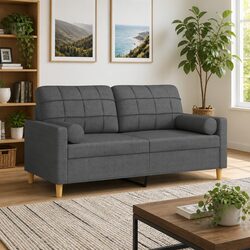 Comfortable Grey Fabric 2-Seater Sofa with Pillows