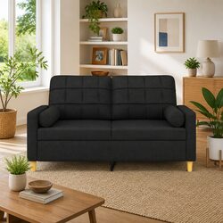 Inviting 2-Seater Black Fabric Lounge Sofa with Pillows