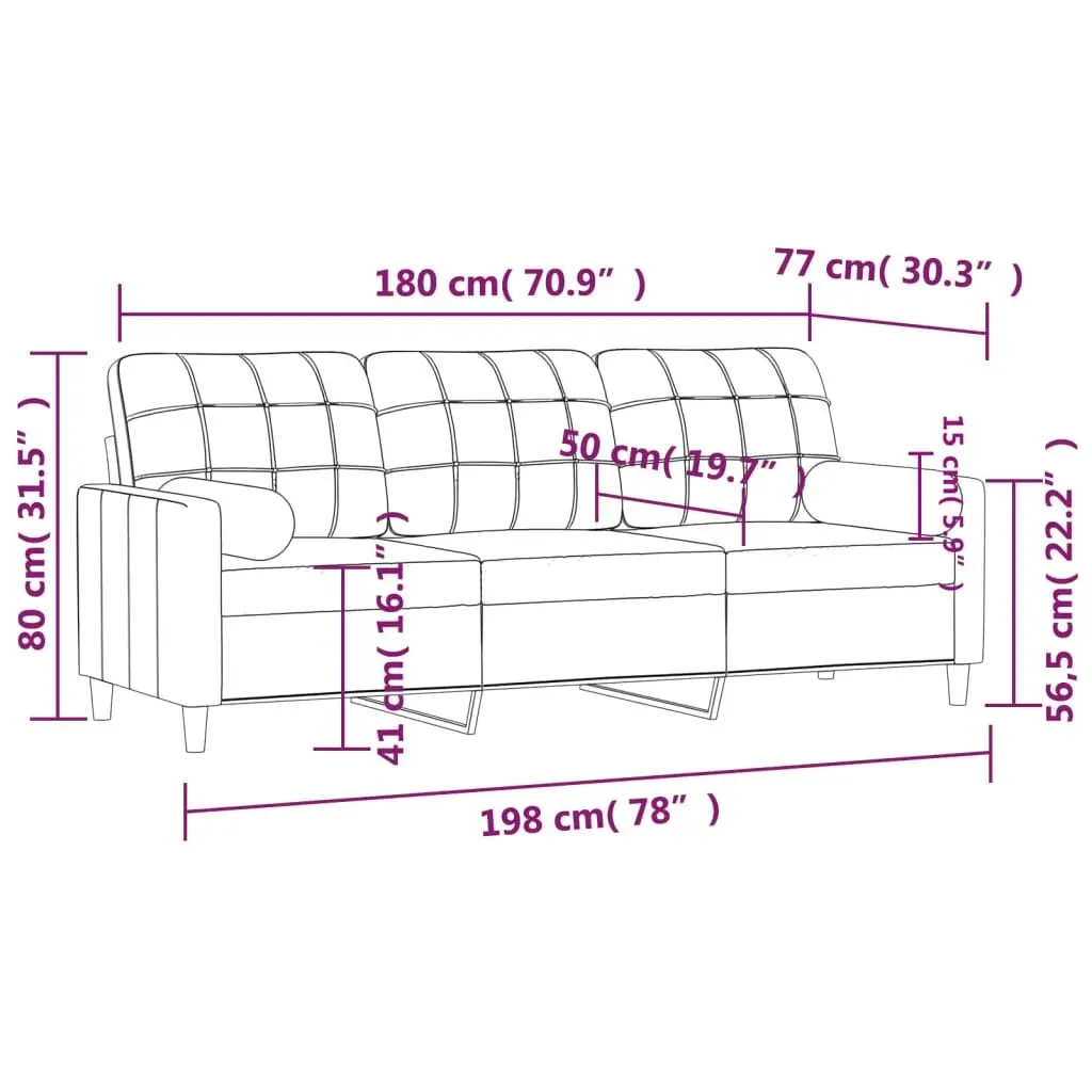 3-Seater Sofa Grey Fabric Modern 180cm Metal Frame