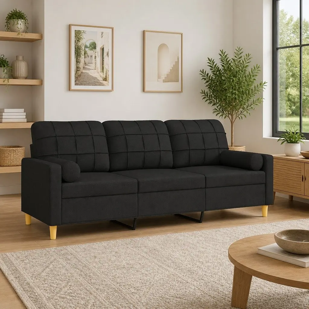3-Seater Sofa Black Fabric Modern 180cm Metal Frame Couch