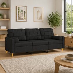 Black Fabric 3-Seater Sofa with Throw Pillows 180cm