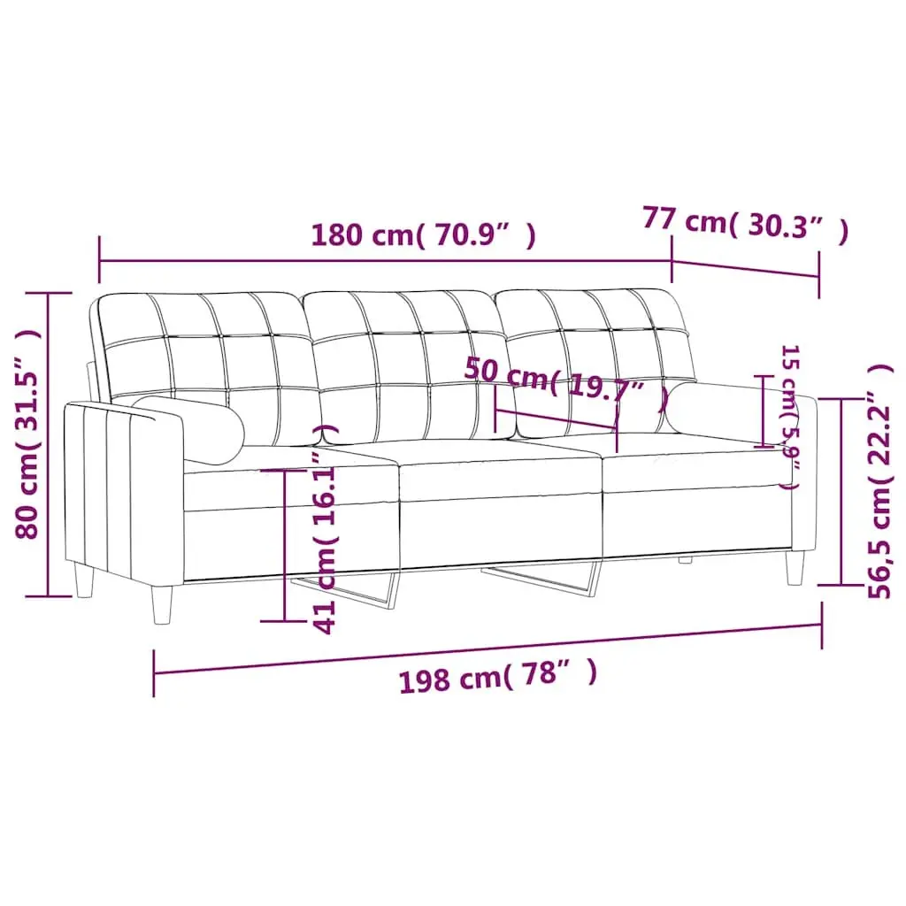 3-Seater Sofa Black Fabric Modern 180cm Metal Frame Couch