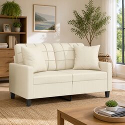 Modern Cream Faux Leather 2-Seater Sofa with Pillows