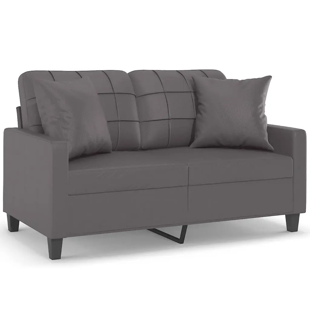2-Seater Sofa Grey Faux Leather Modern Lounge Couch with Throw Pillows 120cm