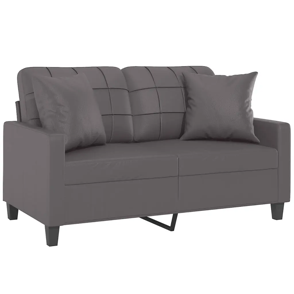 2-Seater Sofa Grey Faux Leather Modern Lounge Couch with Throw Pillows 120cm