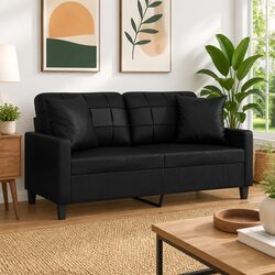 Cozy 2-Seater Sofa in Black Faux Leather with Pillows
