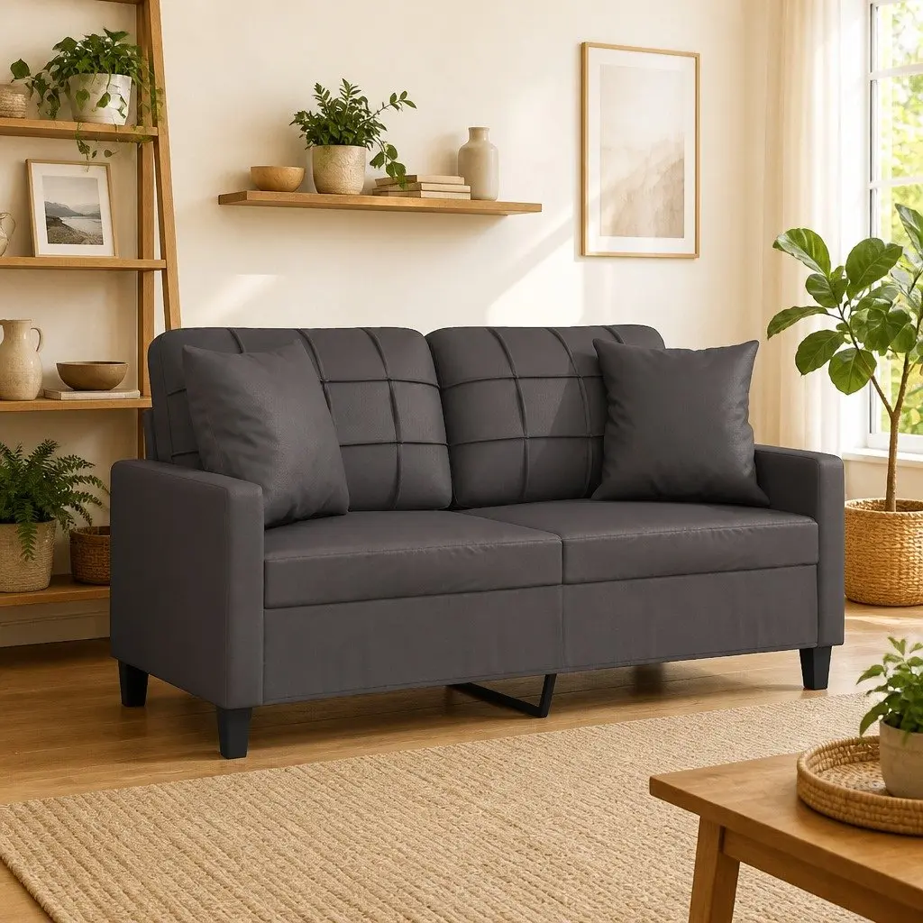 2-Seater Sofa Grey Faux Leather 140cm Metal Frame