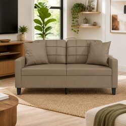 Cozy 2-Seater Sofa in Brown Faux Leather with Pillows