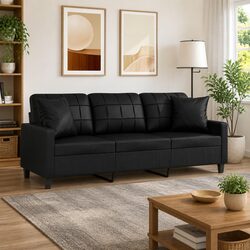 Modern Black Faux Leather 3-Seater Sofa with Pillows