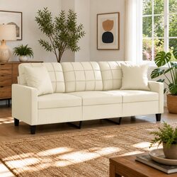 3-Seater Cream Faux Leather Sofa with Pillows 180cm