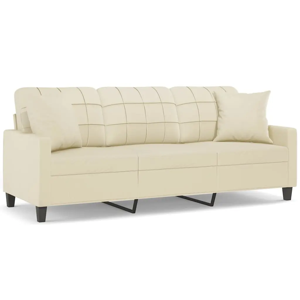 3-Seater Sofa Cream 180cm Faux Leather Couch with Throw Pillows