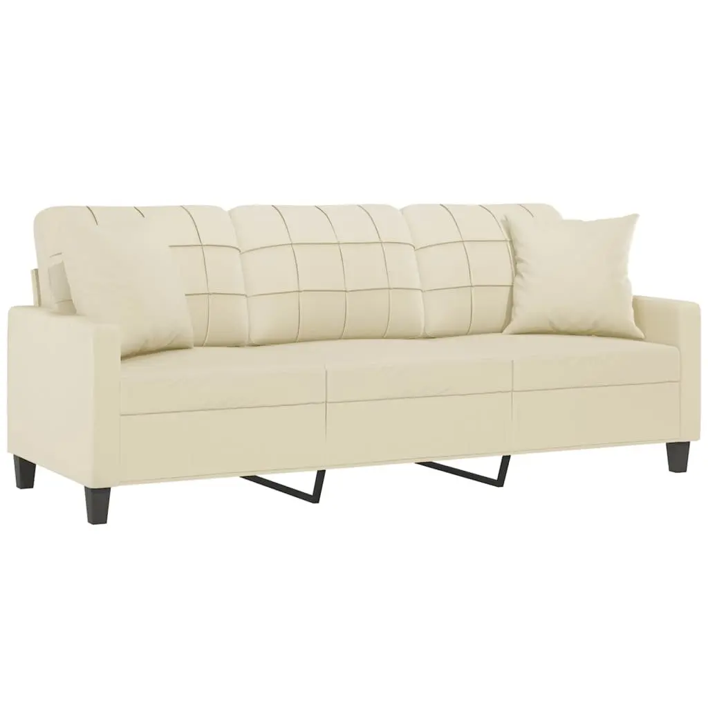 3-Seater Sofa Cream 180cm Faux Leather Couch with Throw Pillows