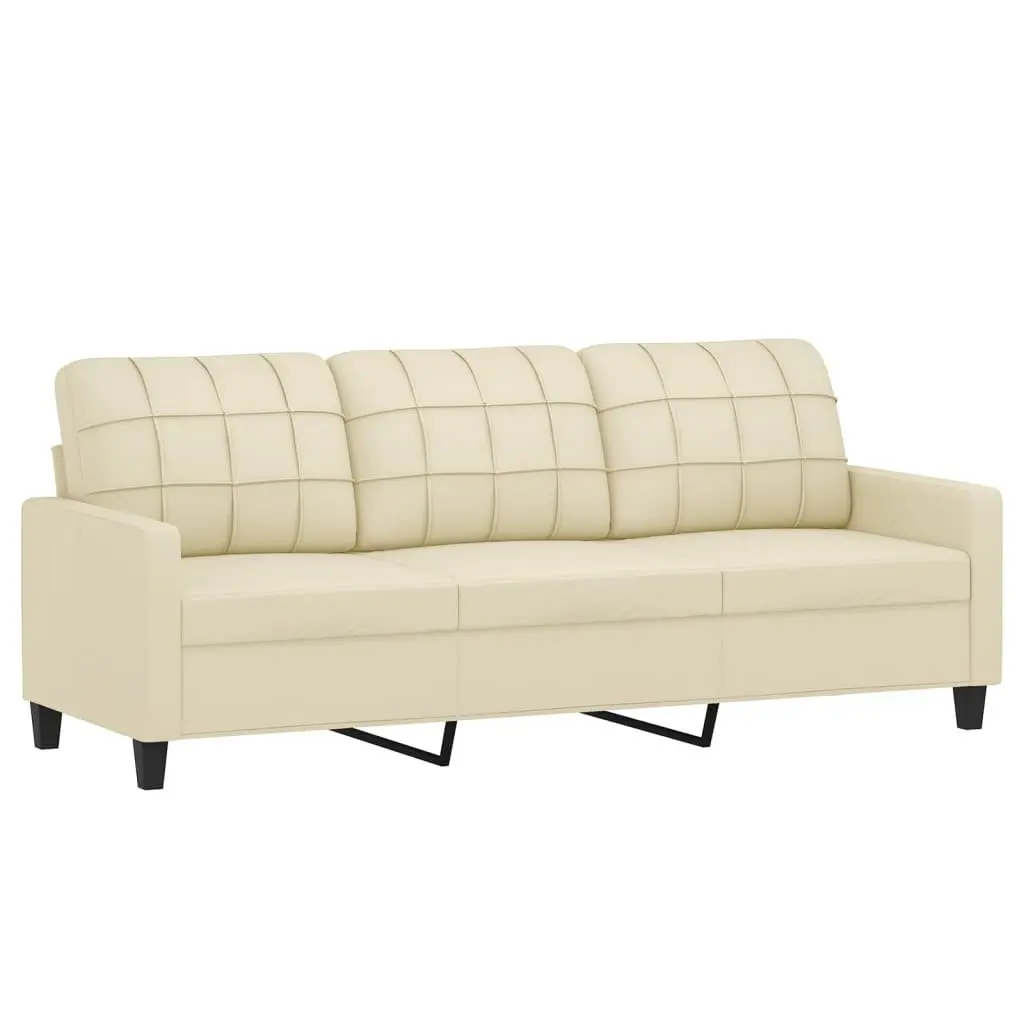 3-Seater Sofa Cream 180cm Faux Leather Couch with Throw Pillows