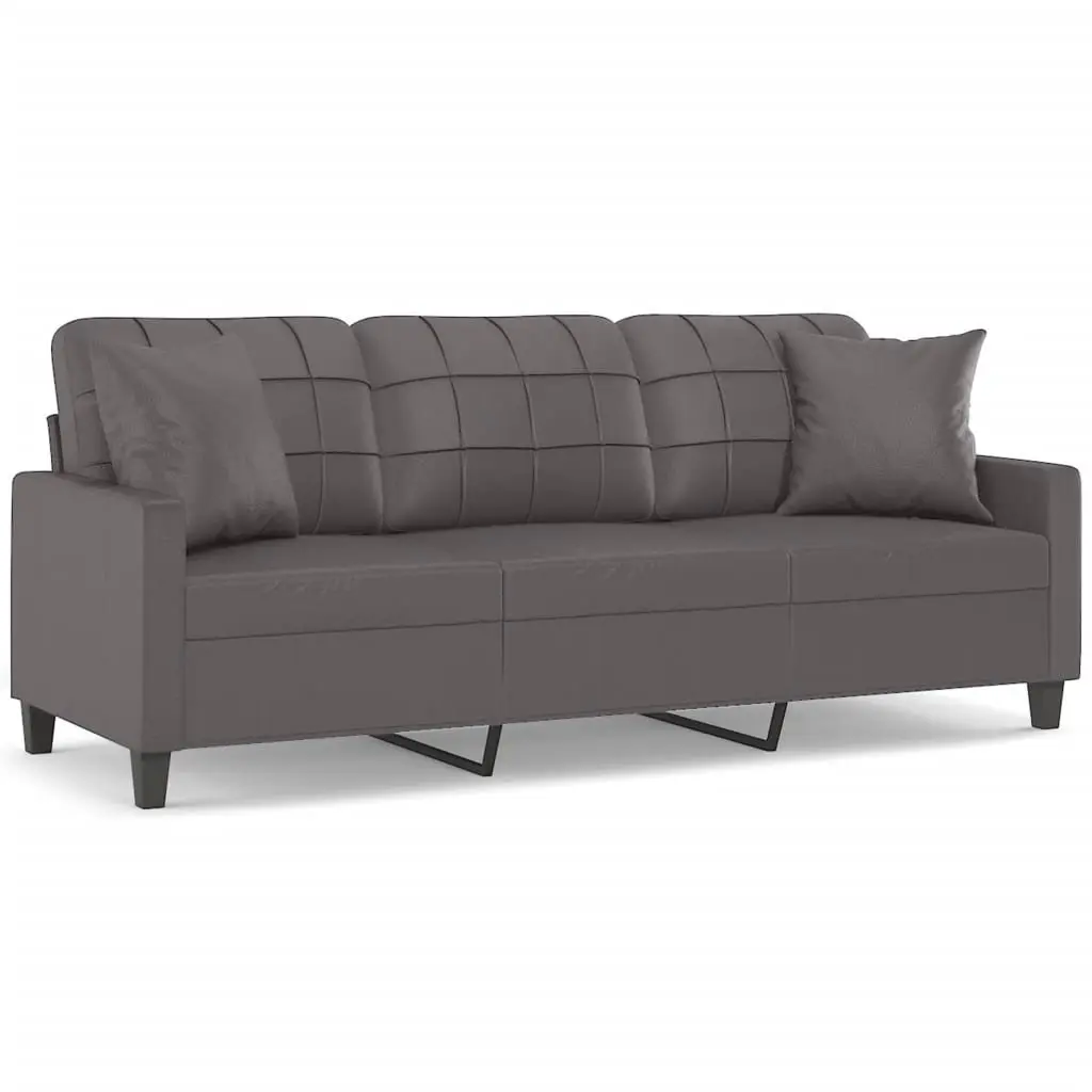 3-Seater Sofa Grey Faux Leather Modern 180cm Metal Frame