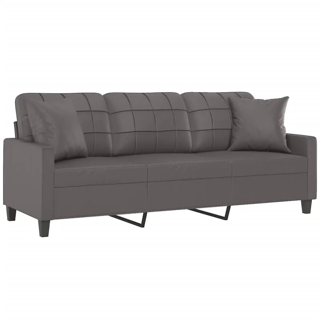 3-Seater Sofa Grey Faux Leather Modern 180cm Metal Frame