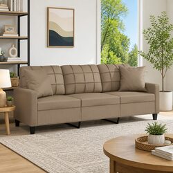 Modern Brown Faux Leather 3-Seater Sofa with Pillows
