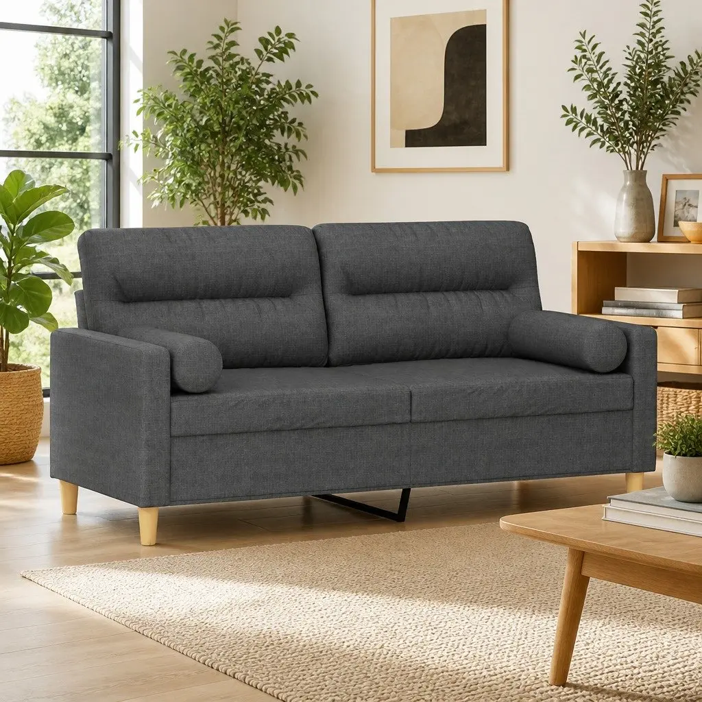 2-Seater Grey Fabric Sofa with Pillows
