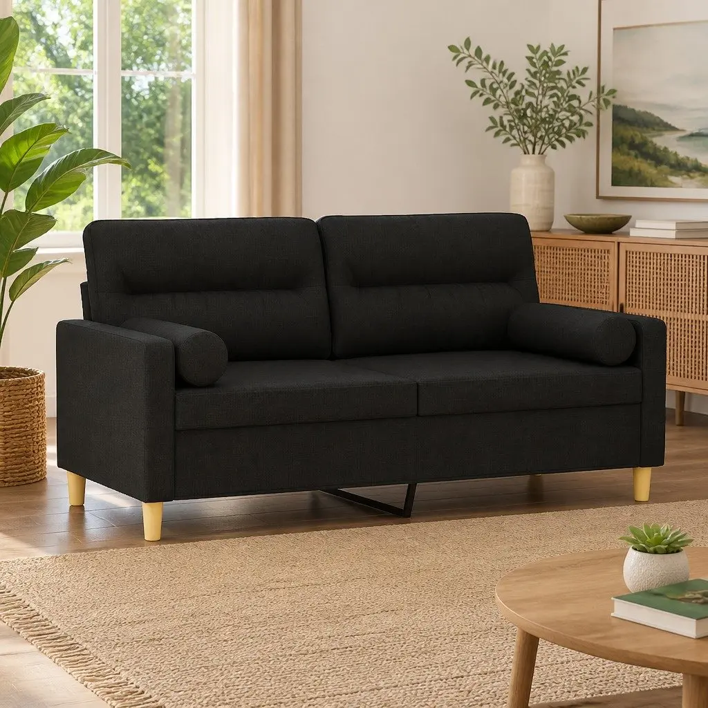 2-Seater Sofa Black 140cm Modern Lounge with Throw Pillows Fabric Couch