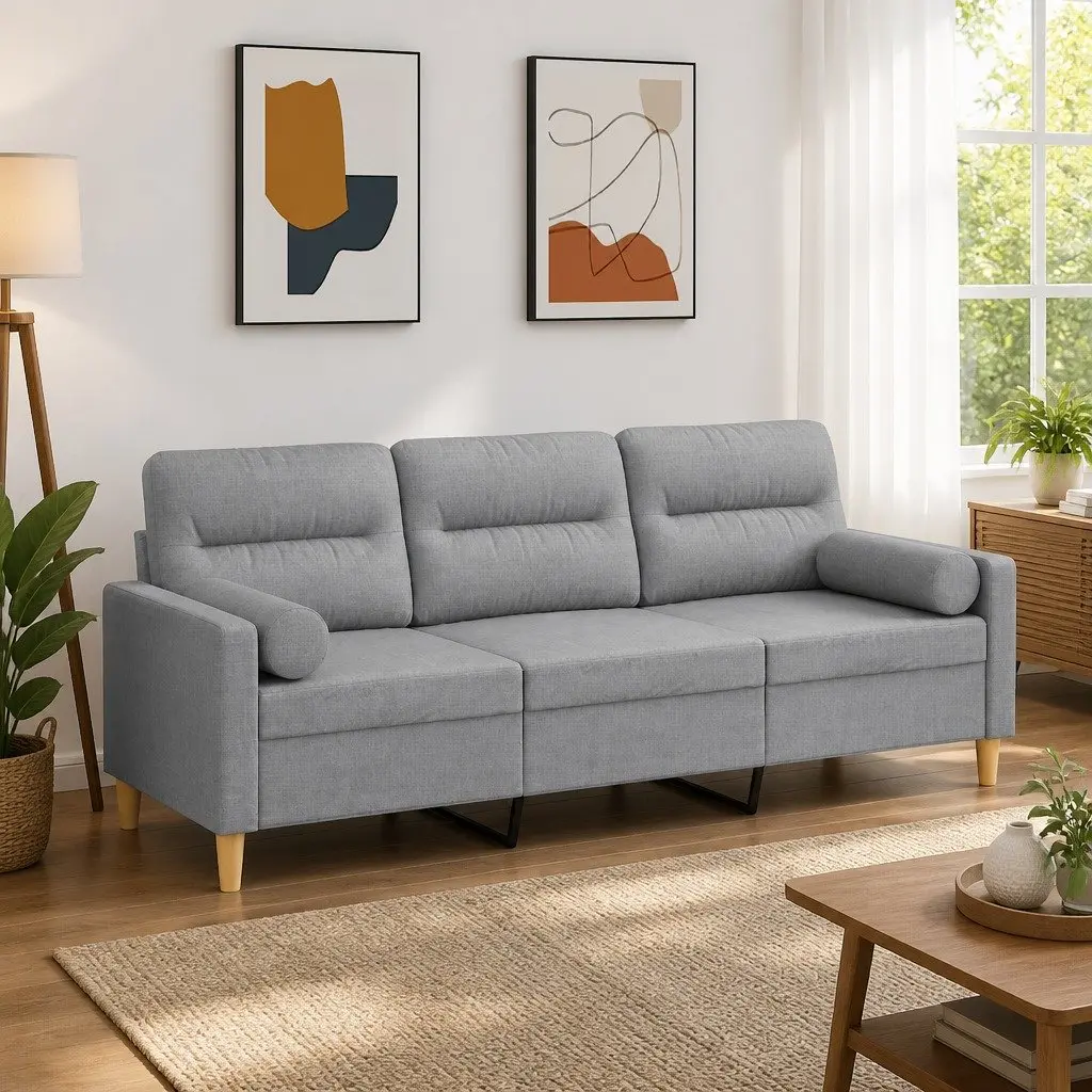 3-Seater Sofa Light Grey 180cm Modern Fabric Couch