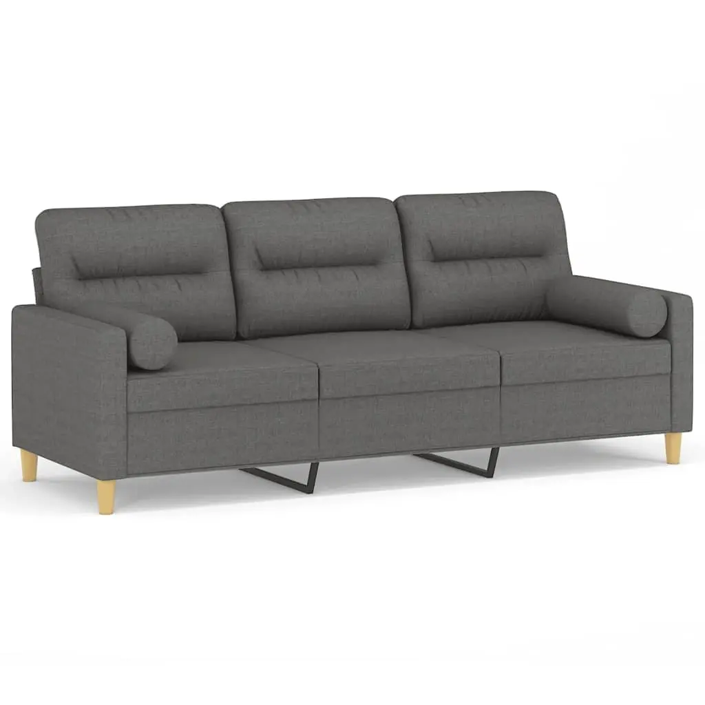 3-Seater Sofa Dark Grey Fabric 180cm Metal Lounge Couch with Throw Pillows