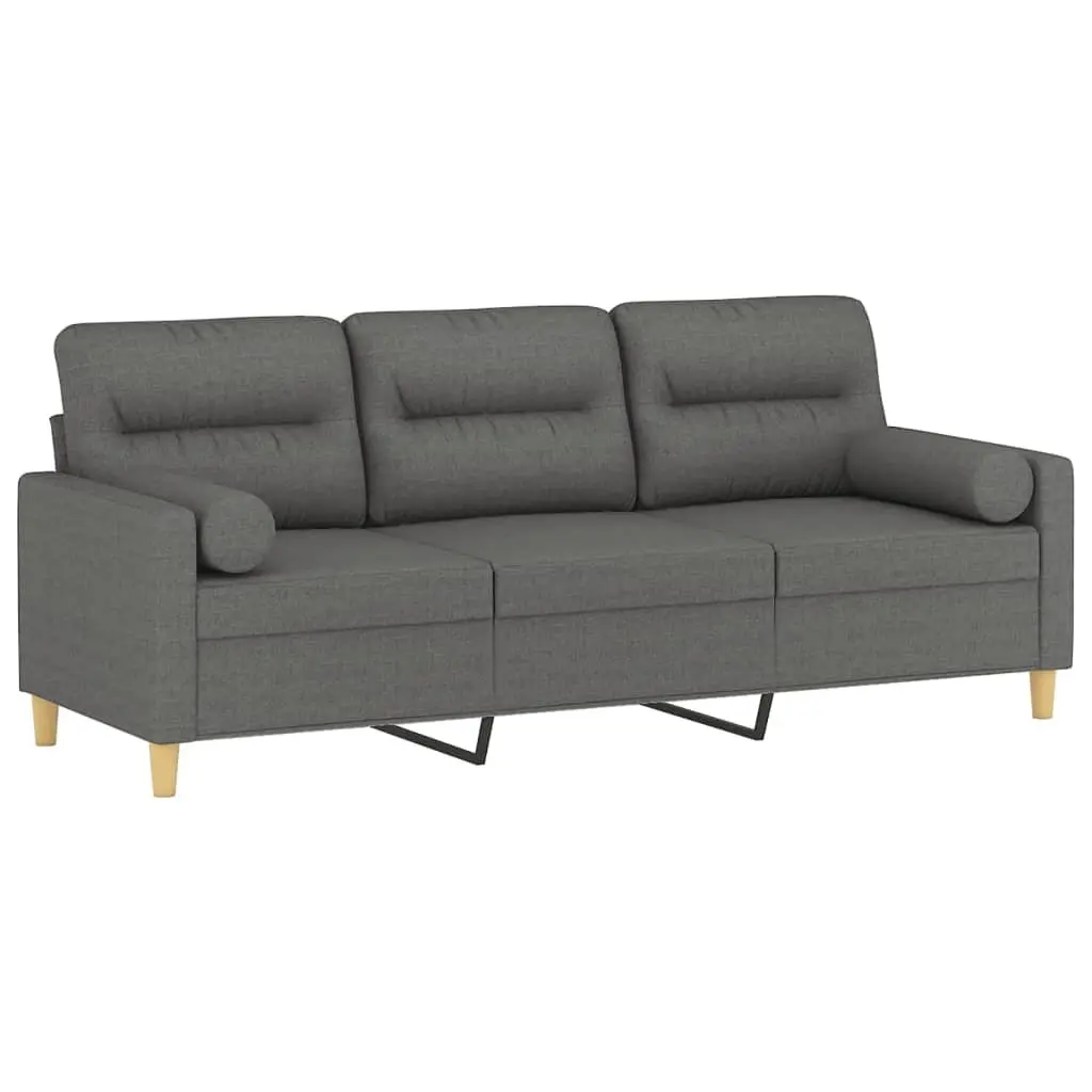 3-Seater Sofa Dark Grey Fabric 180cm Metal Lounge Couch with Throw Pillows
