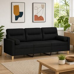 Black Fabric 3-Seater Sofa with Throw Pillows 180cm