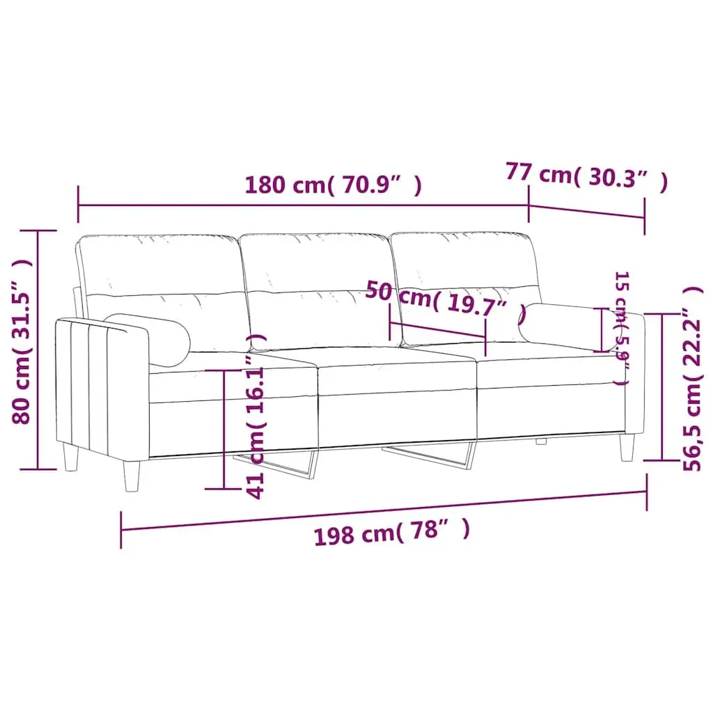 3-Seater Sofa Black Fabric Modern 180cm Metal Frame