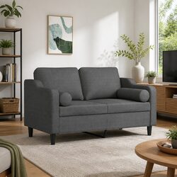 Grey Fabric 2-Seater Sofa with Throw Pillows 120cm