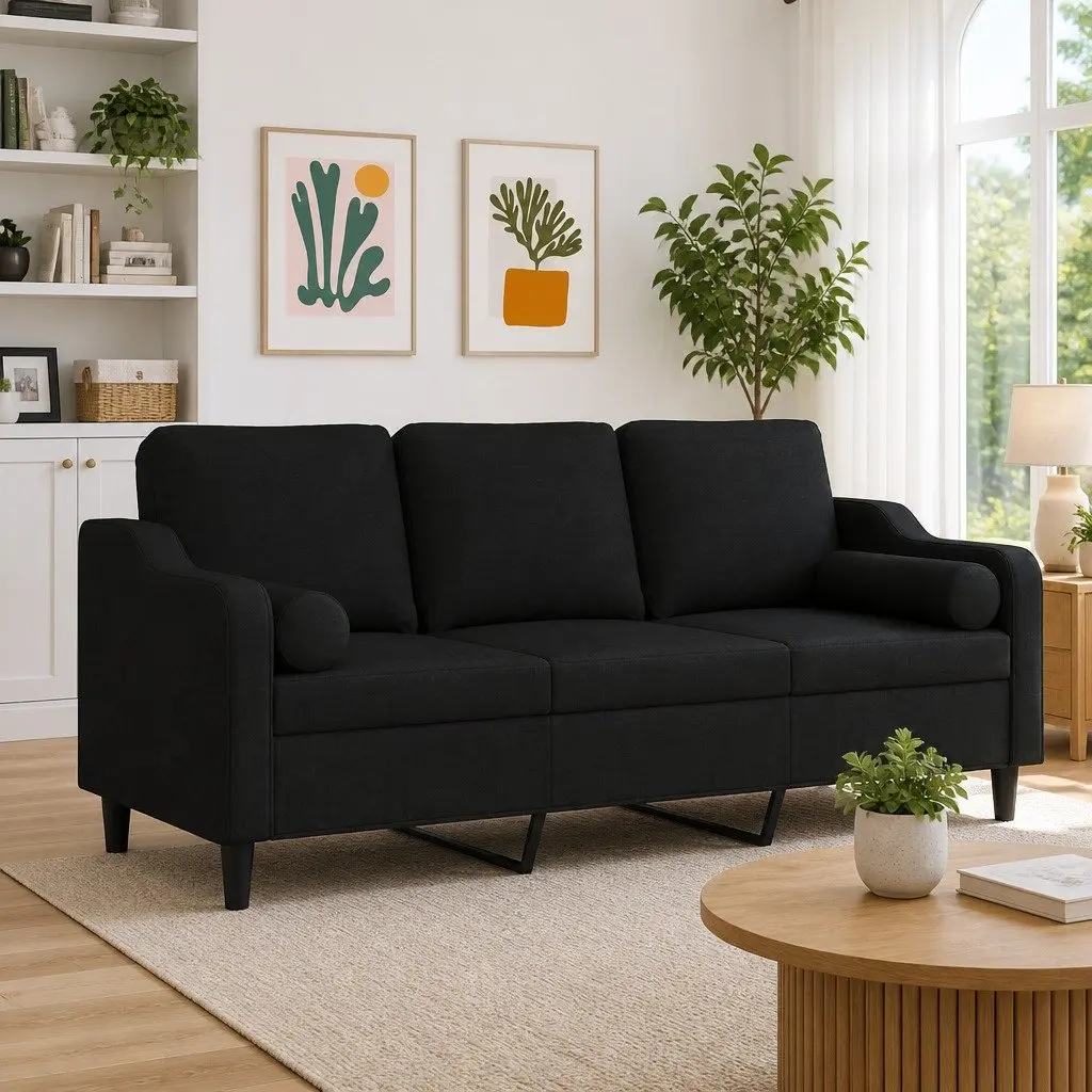 3-Seater Sofa Black Fabric Lounge Couch Modern Design with Throw Pillows 180cm