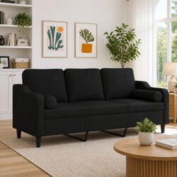 Modern Black Fabric 3-Seater Sofa with Pillows 180cm
