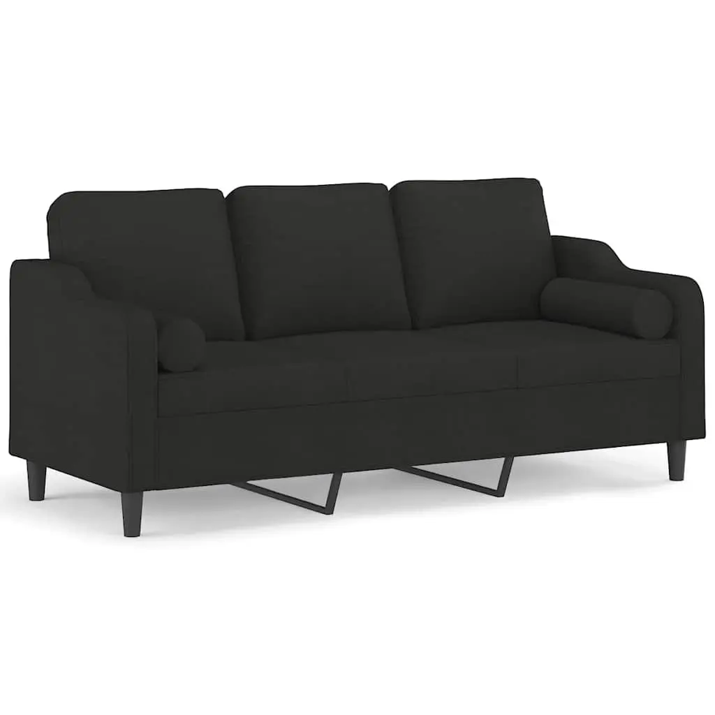 3-Seater Sofa Black Fabric Lounge Couch Modern Design with Throw Pillows 180cm