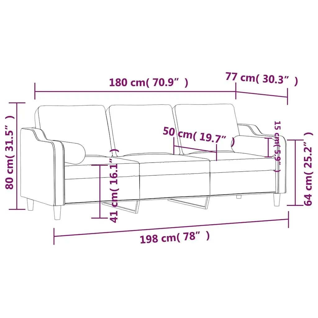 3-Seater Sofa Black Fabric Lounge Couch Modern Design with Throw Pillows 180cm