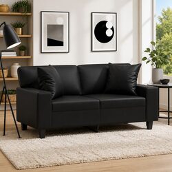 Cozy 2-Seater Sofa in Black Faux Leather with Pillows