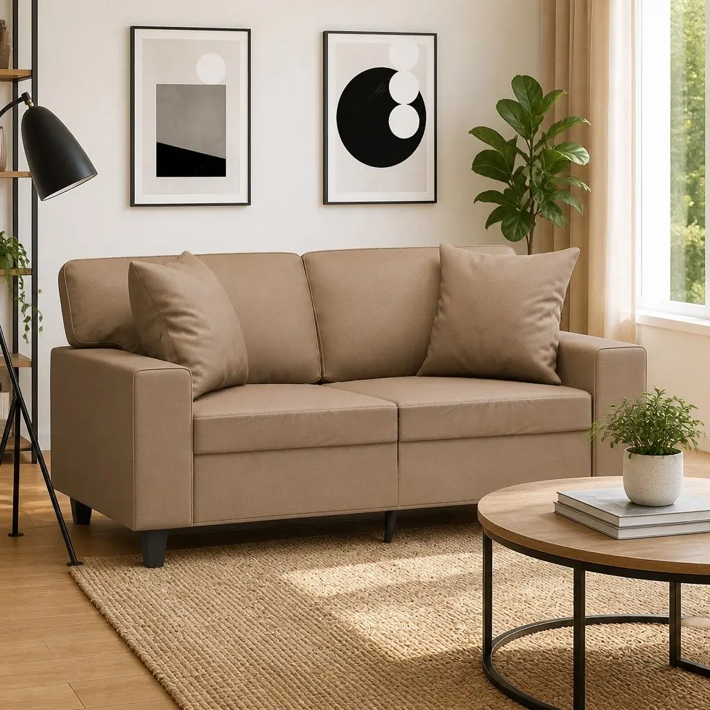 Brown Faux Leather 2-Seater Sofa with Throw Pillows