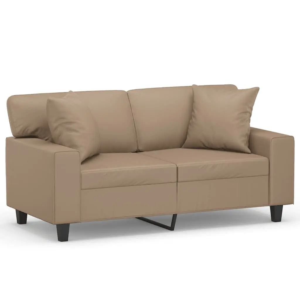 Brown Faux Leather 2-Seater Sofa with Throw Pillows
