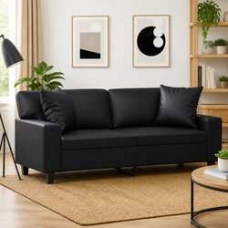 Cozy Black Faux Leather 2-Seater Sofa with Pillows