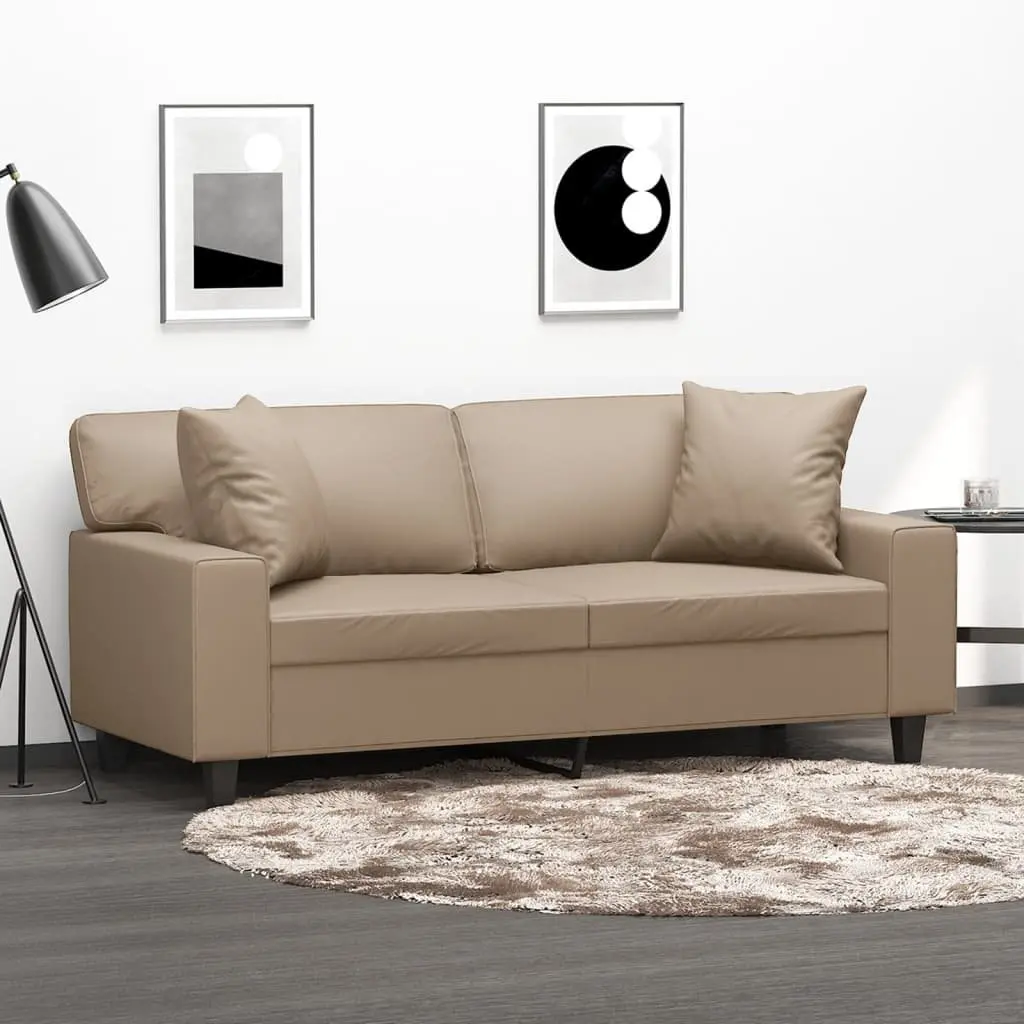 2-Seater Sofa Faux Leather Brown Modern Lounge Couch with Throw Pillows 140cm