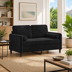 Black 2-Seater Sofa with Throw Pillows 120cm Velvet Design