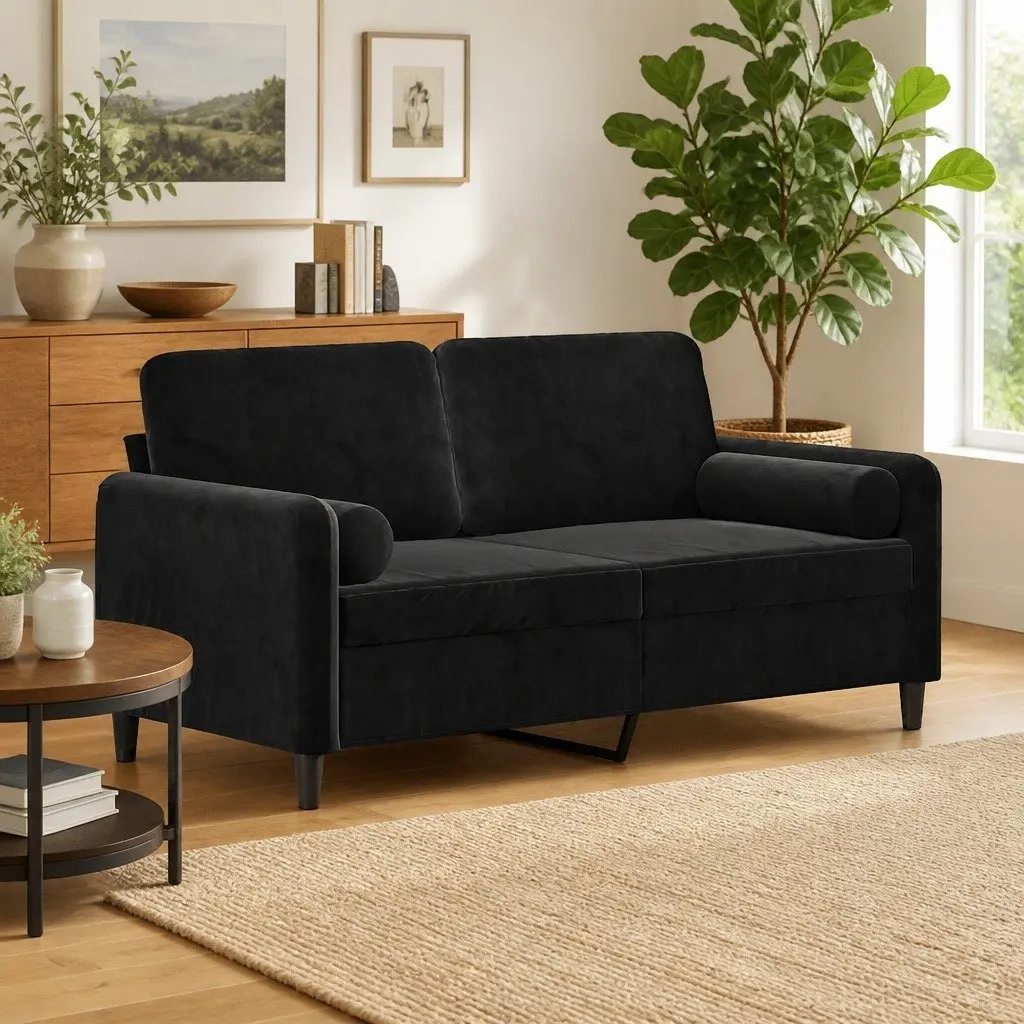 Black Velvet 2-Seater Sofa 140cm with Throw Pillows