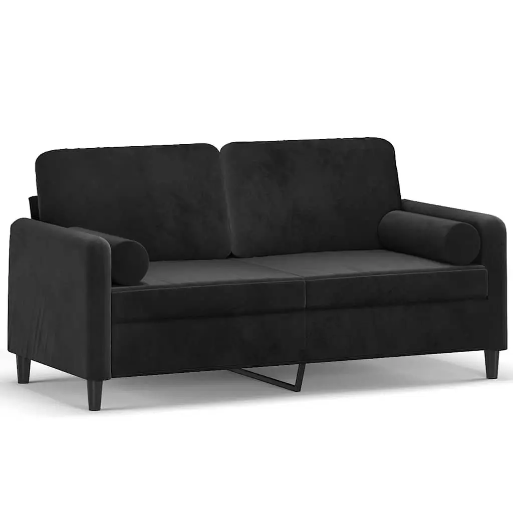Black Velvet 2-Seater Sofa 140cm with Throw Pillows