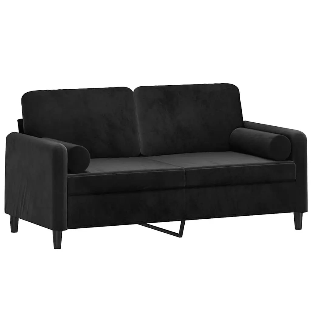 Black Velvet 2-Seater Sofa 140cm with Throw Pillows