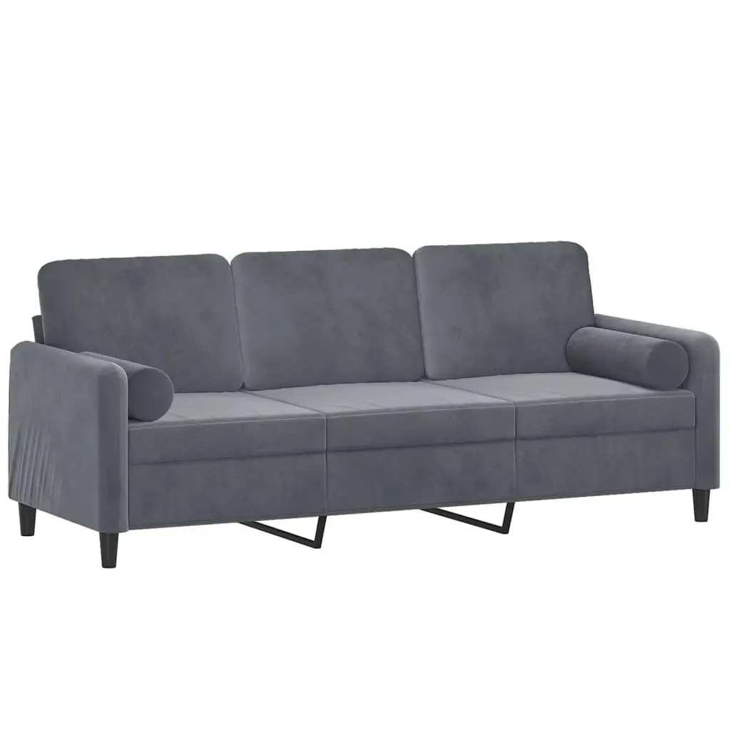 3-Seater Sofa Grey Velvet Modern Living Room Lounge Couch with Throw Pillows