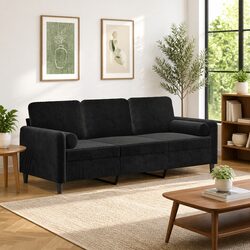 Comfortable 3-Seater Black Velvet Sofa with Pillows