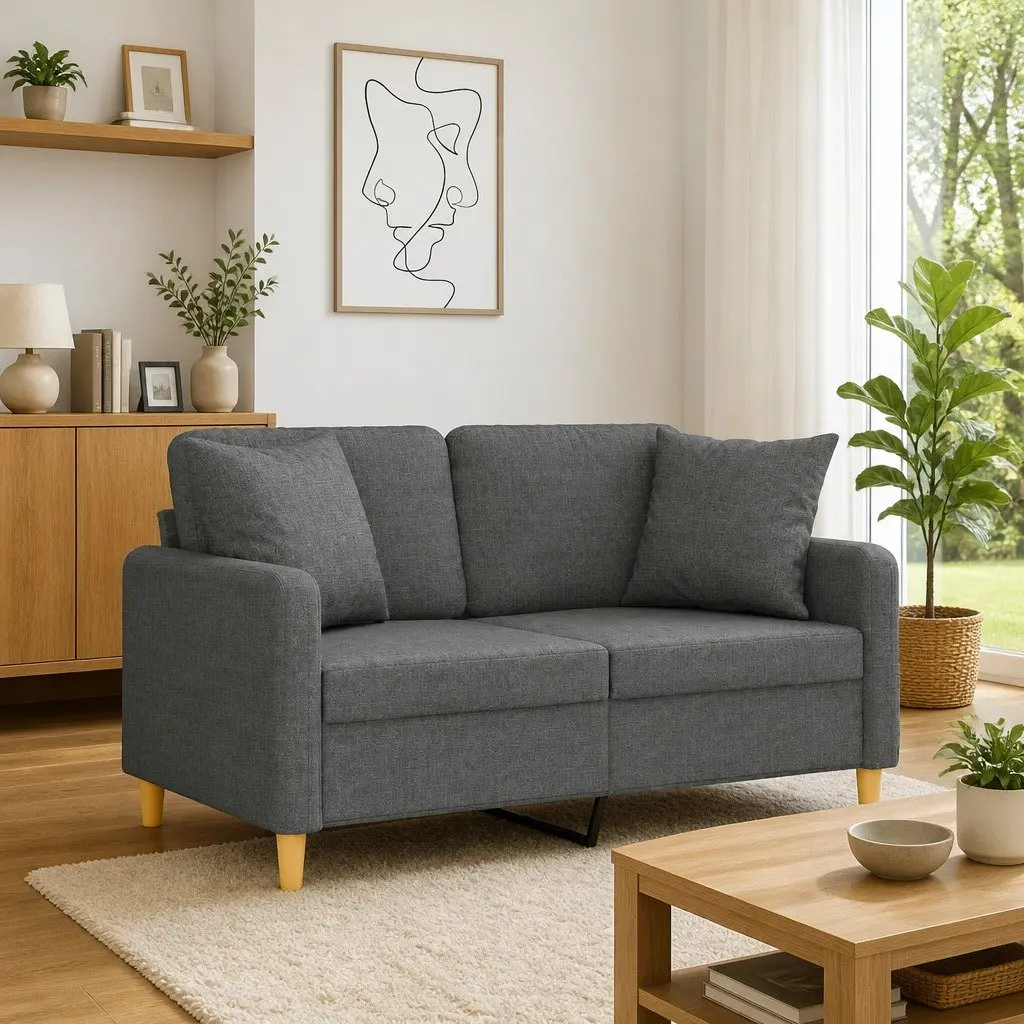 2-Seater Sofa Grey Fabric Modern Design Throw Pillows Lounge Couch 120cm