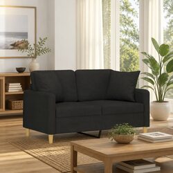 Black Fabric 2-Seater Sofa with Throw Pillows 120cm