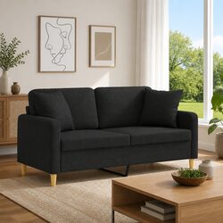 Modern 2-Seater Black Fabric Sofa with Pillows 140cm